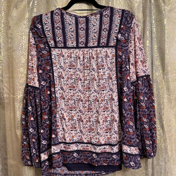 Style & Co Purple Pink Pattered Boho Cottage Long Sleeve Blouse Top Large - Picture 2 of 7